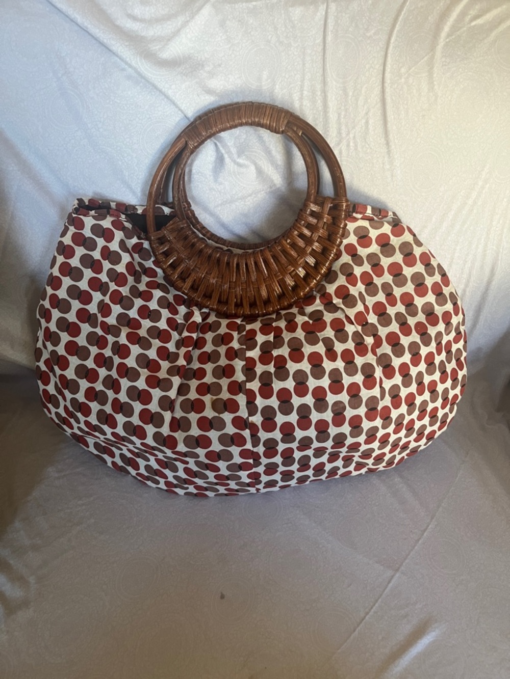 Polka Dot Canvas Tote with Woven Wood Handles - Red/Brown
